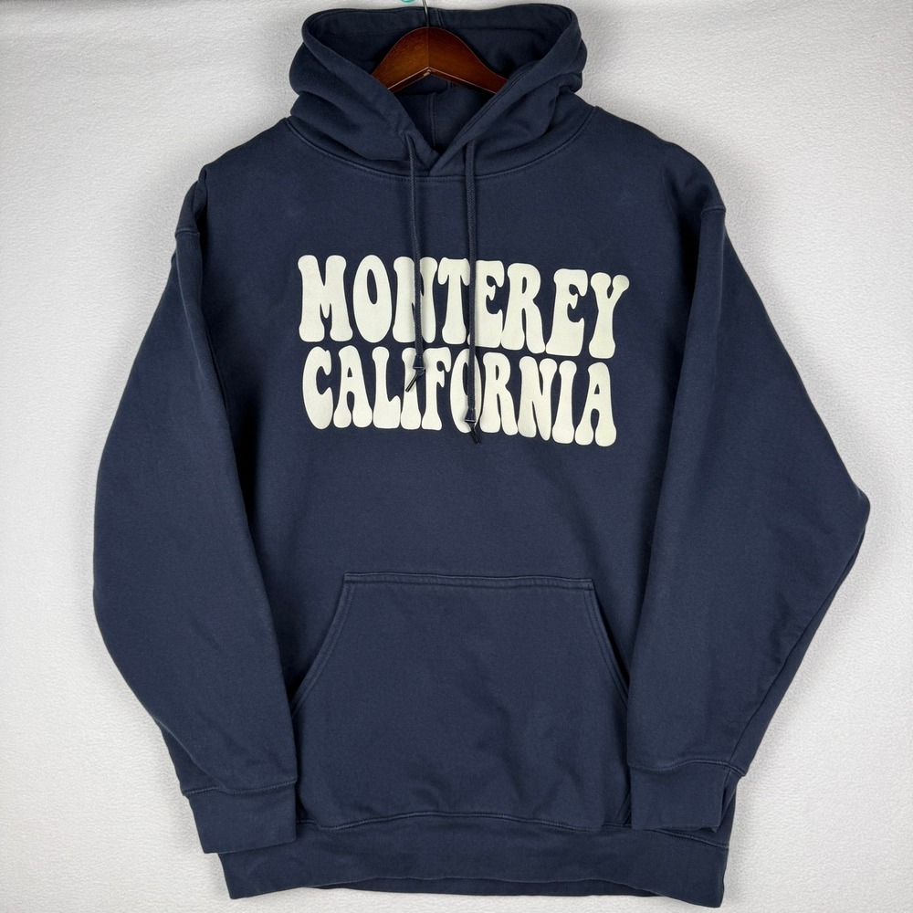 Monterey California VOS Sports Hoodie Mens Large Navy Blue Bubble Text Graphic